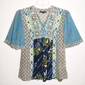 Indigo Moon Boho Multi Print Embellished Neckline Top